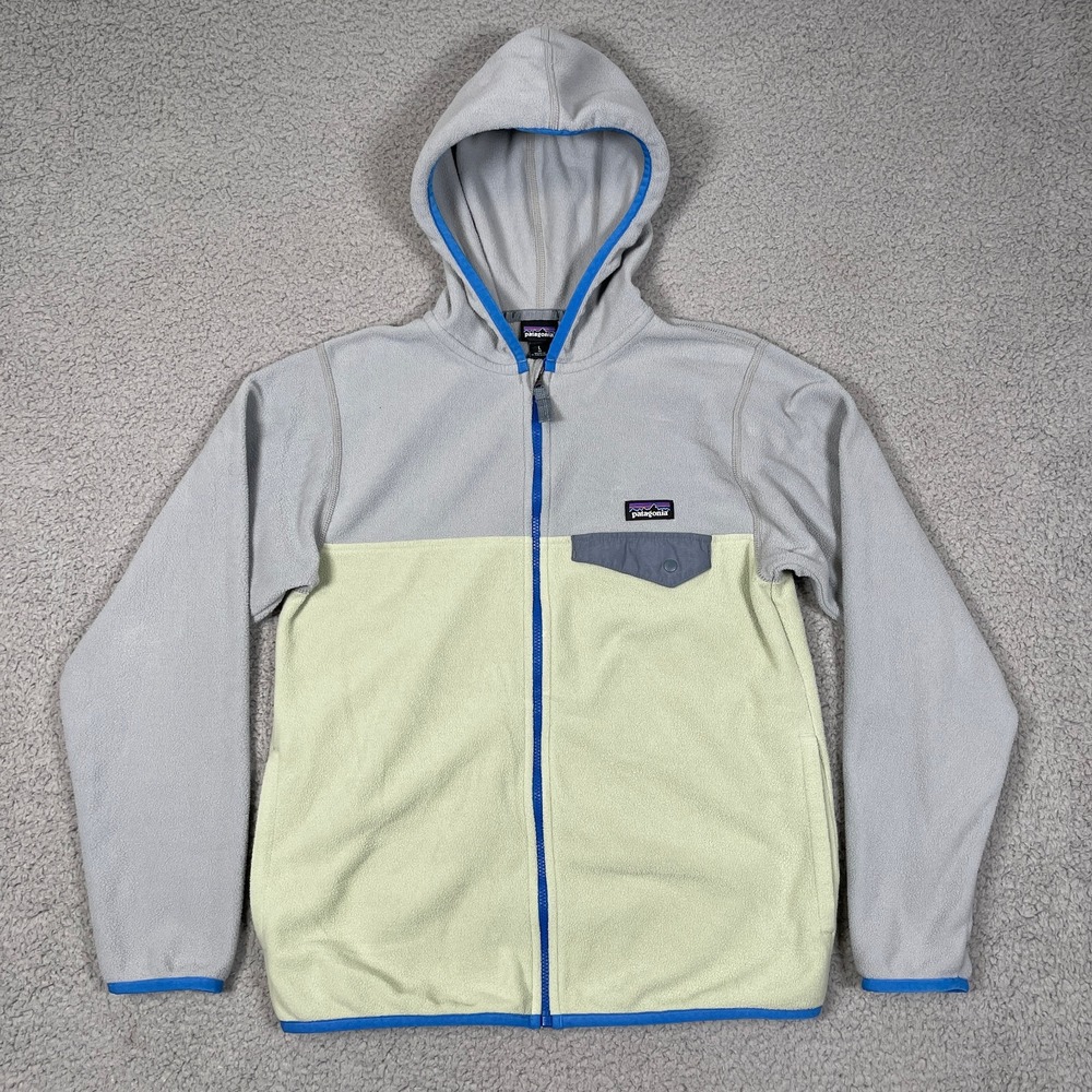 Patagonia Jacket Kids L Gray Green (12) Micro D Snap-T Fleece Hooded Hike Ski